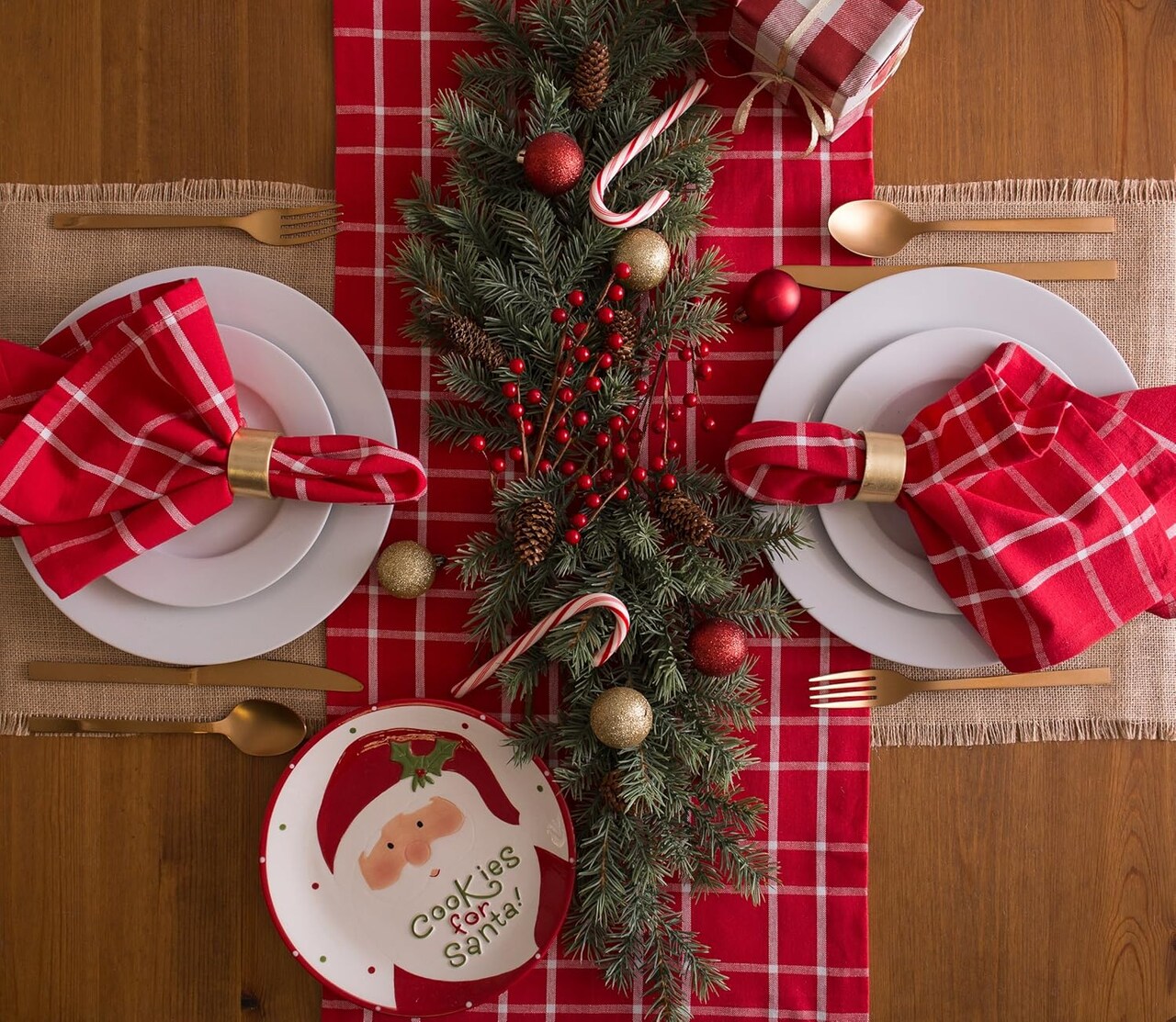 Holiday Dining Table Linen Collection Holly Berry Plaid, Christmas Table Runner 14x108, Red & White